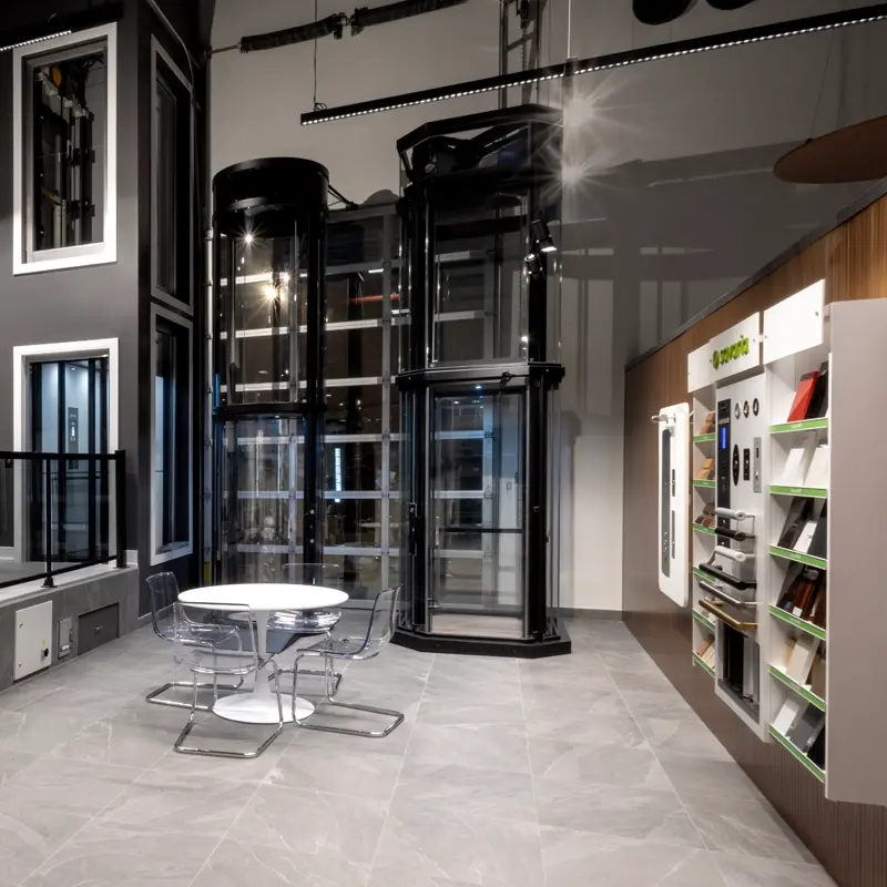 Showroom of Savaria home elevators along with standard finish options.