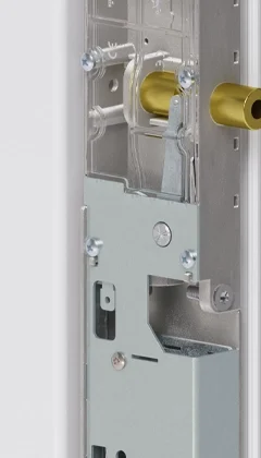 Hardware behind the home elevator flush door option.