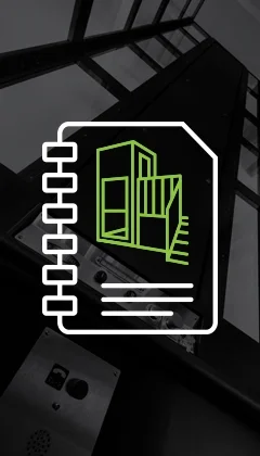 Grayscale image of an enclosed vertical platform lift with a white notebook graphic overlaid, featuring a green line‑art icon of an outdoor lift with stairs.