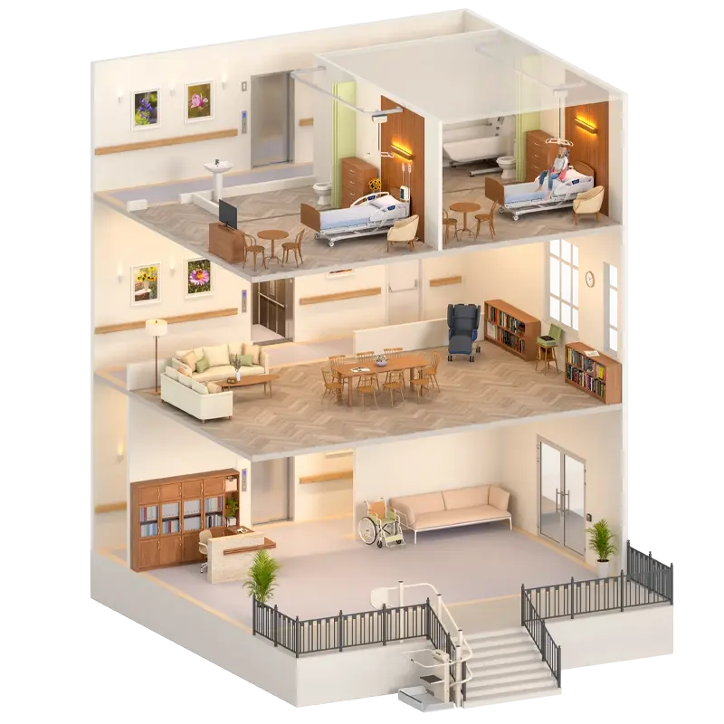 3D render of different Savaria product applications in a institutional setting.