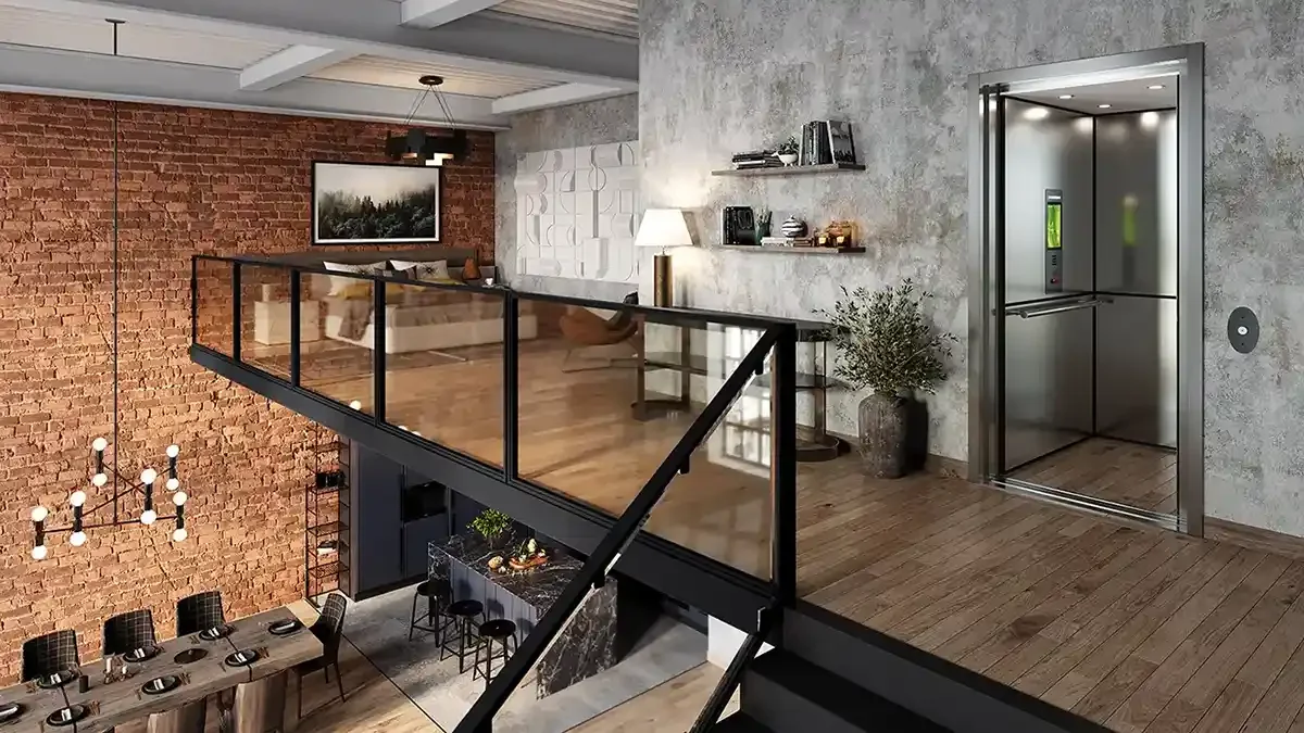 Industrial loft interior with glass-railed mezzanine, exposed brick walls, and an open modern elevator