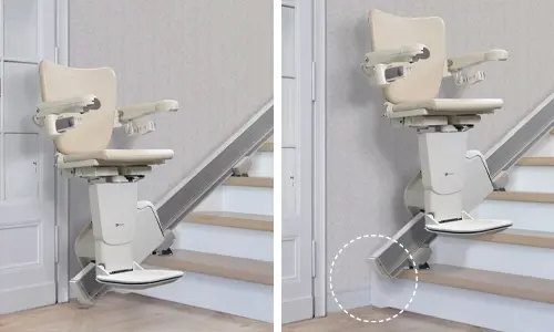 A slide track of a straight stairlift to prevent doorway obstruction when stairlift is not in use.