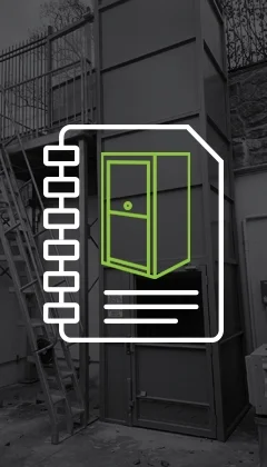 An outdoor material lift installed beside a building, shown in grayscale with an overlaid green icon of an elevator on a notebook graphic.