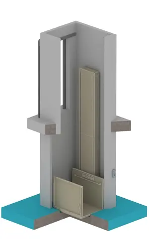 3d render of a vertical platform lift with its support wall.