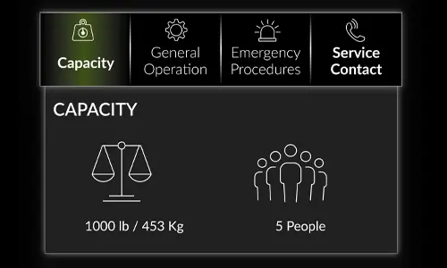 Capacity screen from an elevator interface showing icons for weight and number of occupants, indicating a maximum load of 1000 lb (453 kg) or up to 5 people.