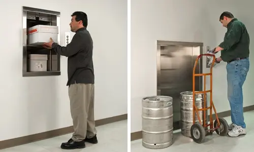 Side‑by‑side examples of material lifts, showing a wall‑mounted dumbwaiter used for boxes and an industrial material lift handling heavy kegs with a hand truck.