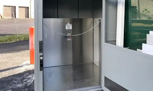 A material lift that offers exterior accessibility to transport materials.