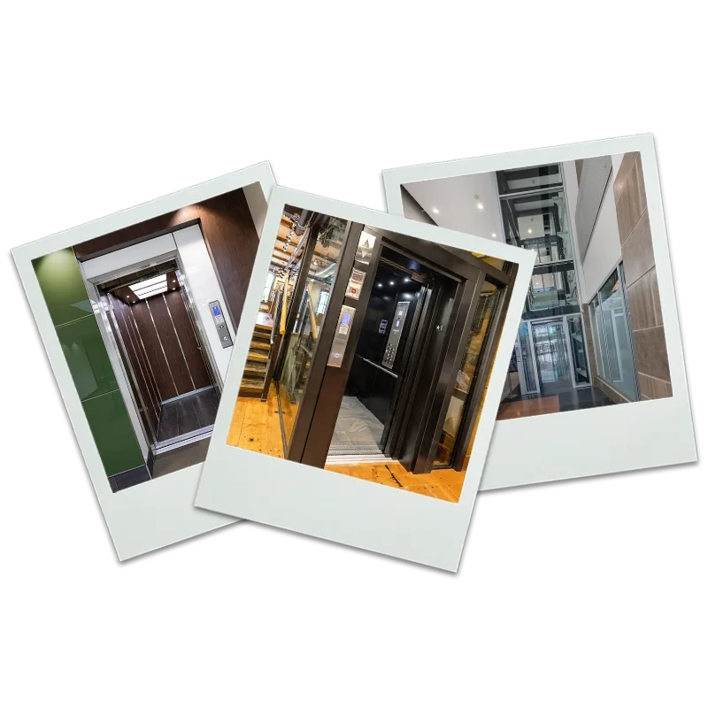 Polaroid-style photos showing different elevator models with steel, glass and laminate finishes.