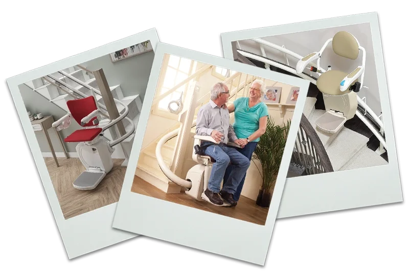 Three photos showing different curved stair lifts installed indoors, showing various custom curved rail designs and applications