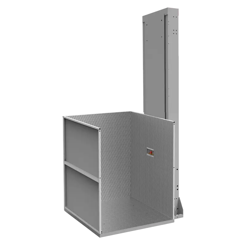 A material lift with a three-sided safety enclosure and a tall support wall, shown in a stainless steel finish.