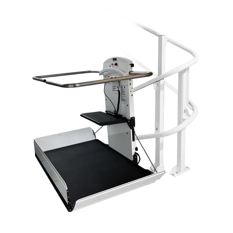 A Pegasus Curved Inclined Platform Lift stationed at the bottom landing.
