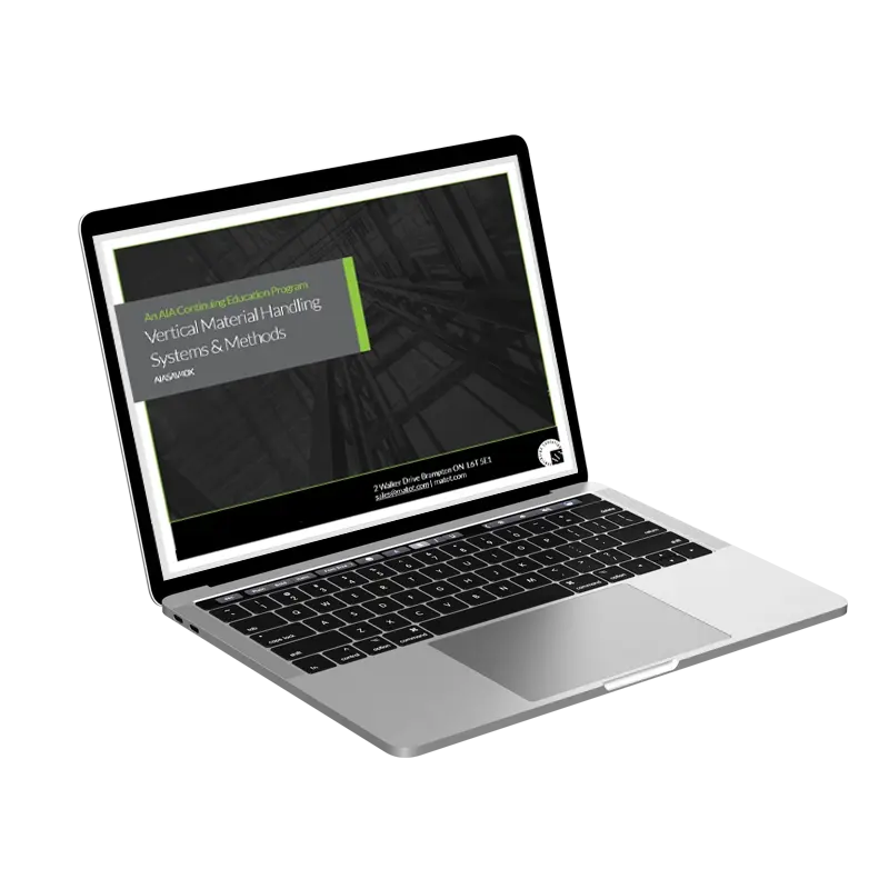 Open laptop displaying a presentation titled ‘Vertical Material Handling Systems & Methods’ on the screen.