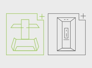 Simple line drawings showing two elevator design icons, one in green and one in gray.