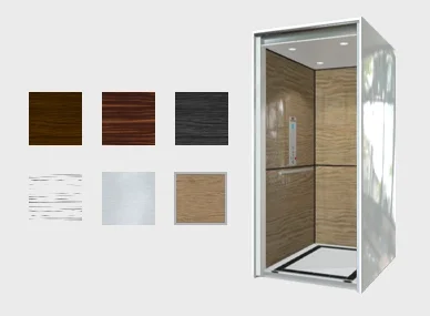 3D render of an elevator interior with selectable wall finish swatches shown beside it.