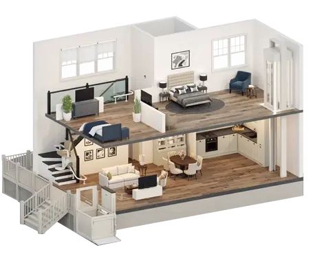 Cutaway view of a two‑level home showing multiple accessibility solutions, including a vertical platform lift at the exterior entrance, an inclined platform lift on the staircase, and a through‑the‑floor lift connecting the upper and lower living areas.