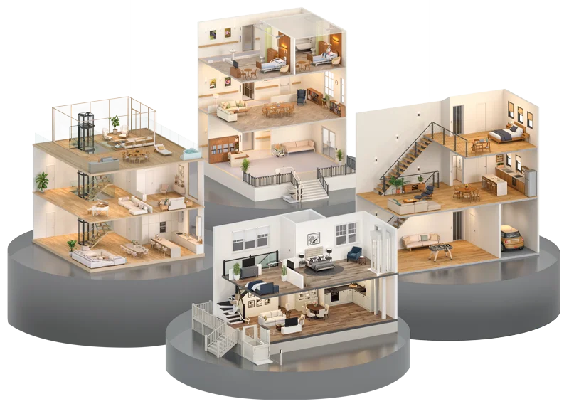 Illustrations of multi‑level homes showcasing accessibility products such as residential elevators, stairlifts, and home mobility solutions integrated across different floor plans.