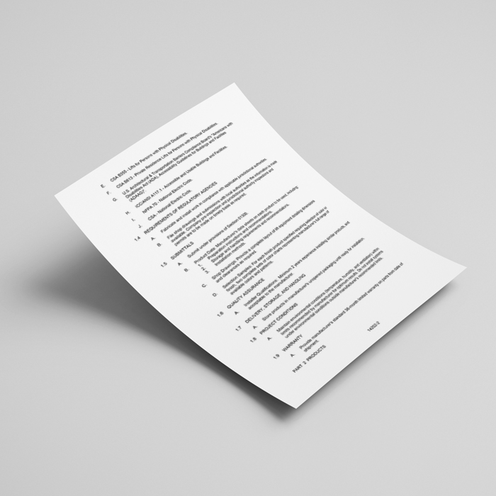 Printed specification sheet